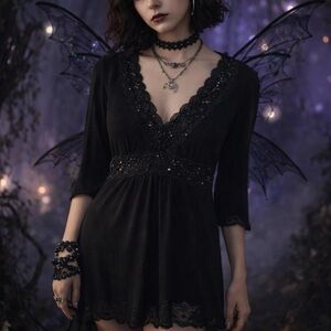 Vintage Express Beaded Mesh Mini Dress Tunic Black Whimsygoth Dark Romance Goth